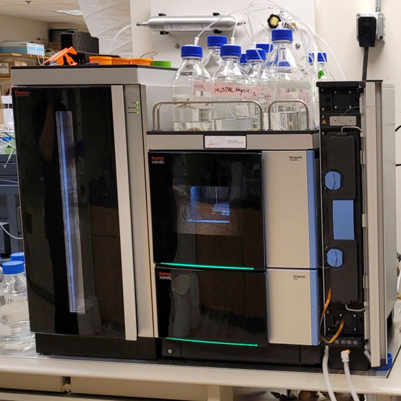 A proteomics workstation featuring a liquid chromatography system connected to a mass spectrometer beside a computer running analysis software.