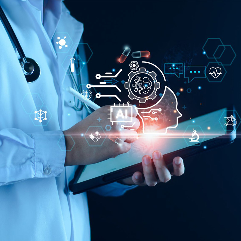  Healthcare professional holding a tablet displaying AI and digital health icons, representing the use of artificial intelligence in medical care and diagnostics.