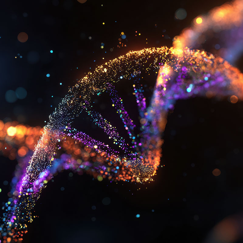 Artistic rendering of a glowing DNA double helix made of colorful particles on a dark background.