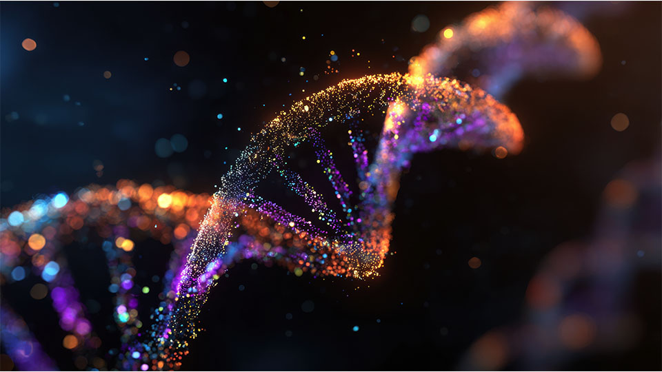 Artistic rendering of a glowing DNA double helix made of colorful particles on a dark background.