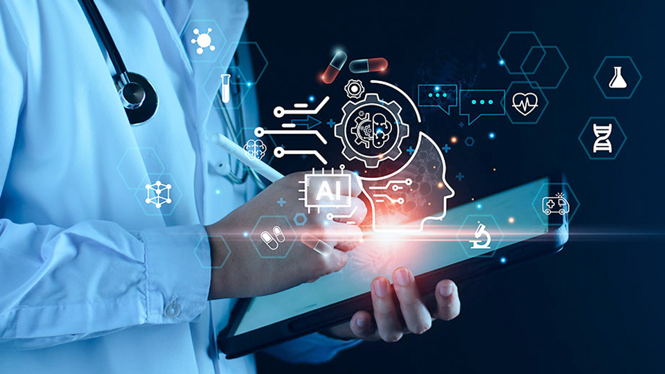 Image of a healthcare professional using a digital tablet, with glowing icons of circuits, a brain, and medical symbols floating above the screen to represent the integration of artificial intelligence with health technologies.